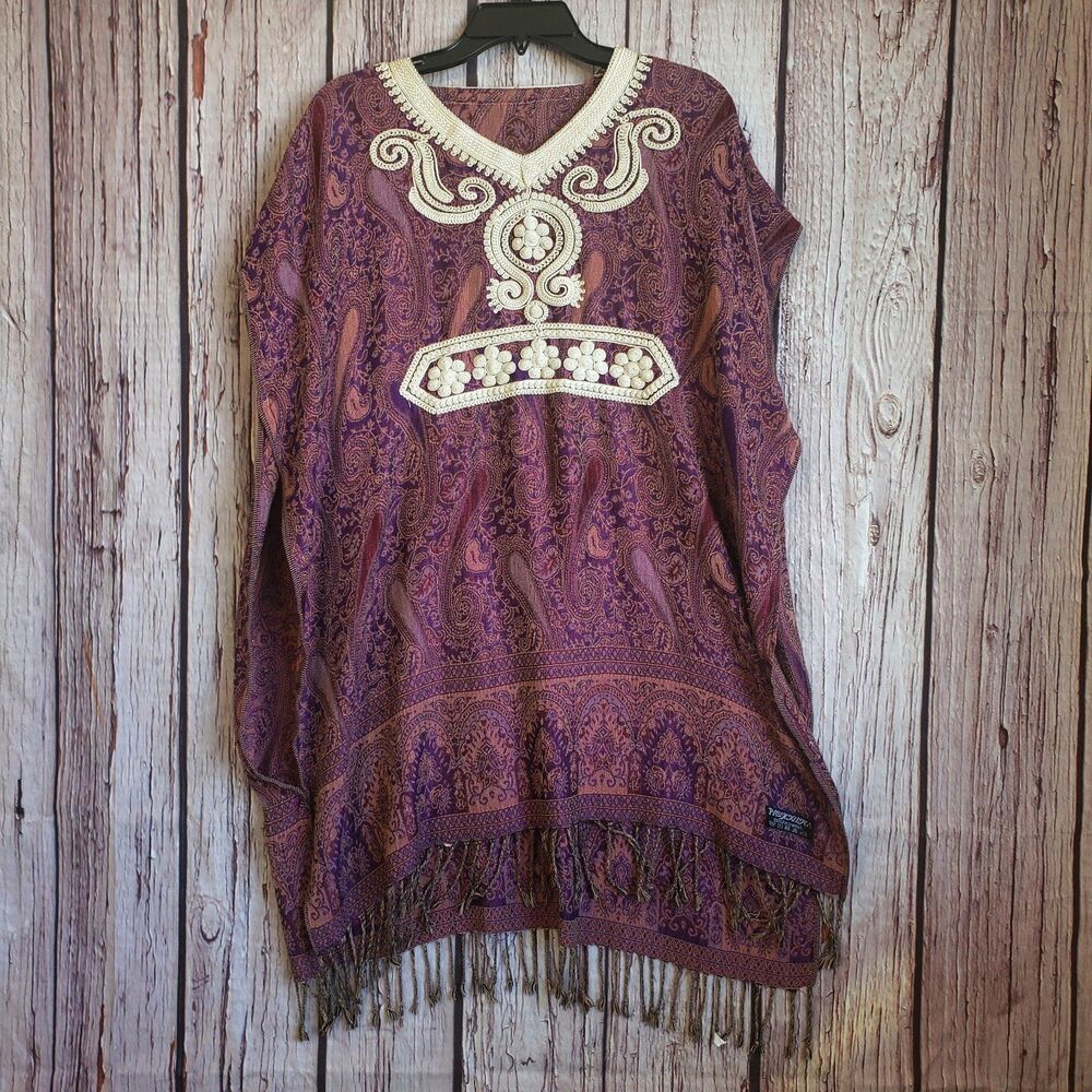 100% Pashmina Kaftan Dress Purple Embroidered Boho Fringe Paisley Cashmere Wool